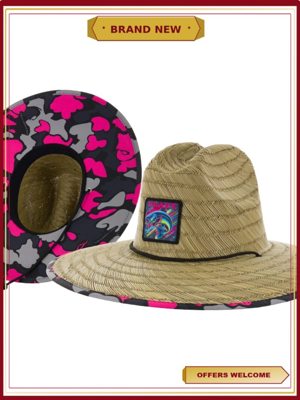 Drake Waterfowl Lake Shore Straw Hat Old School Neon Pink OSFM